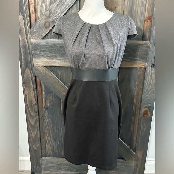 Metaphor A-line Dress Pleated Short Sleeve Round Neck Back Zip Colorblock 6 - Picture 1 of 4